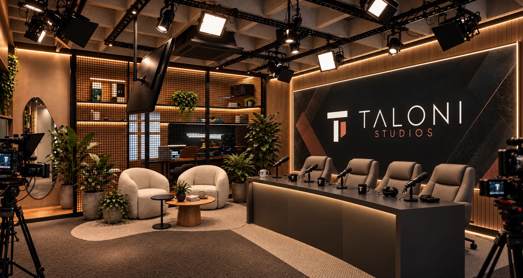 Projeto do estúdio Taloni Studios: bancada com quatro cadeiras e microfones diante de um telão de LED com o logo Taloni Studios, refletores no teto e poltronas ao fundo