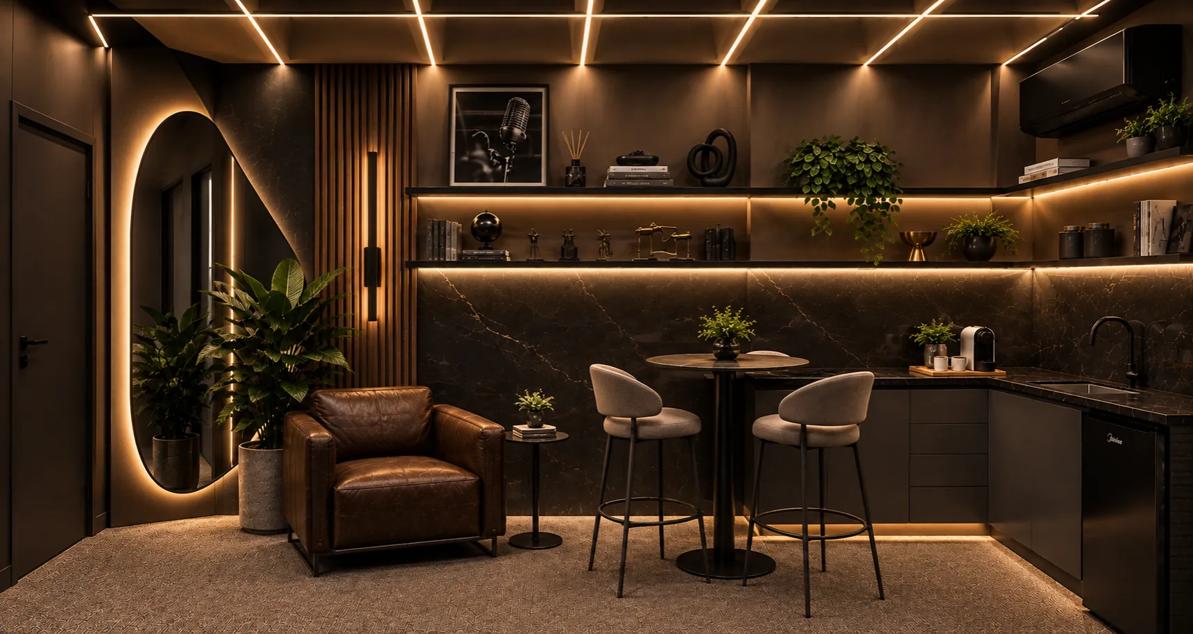 Projeto do lounge e café: poltrona de couro ao lado de um espelho iluminado, mesa alta com duas banquetas e bancada de café em mármore escuro com prateleiras iluminadas