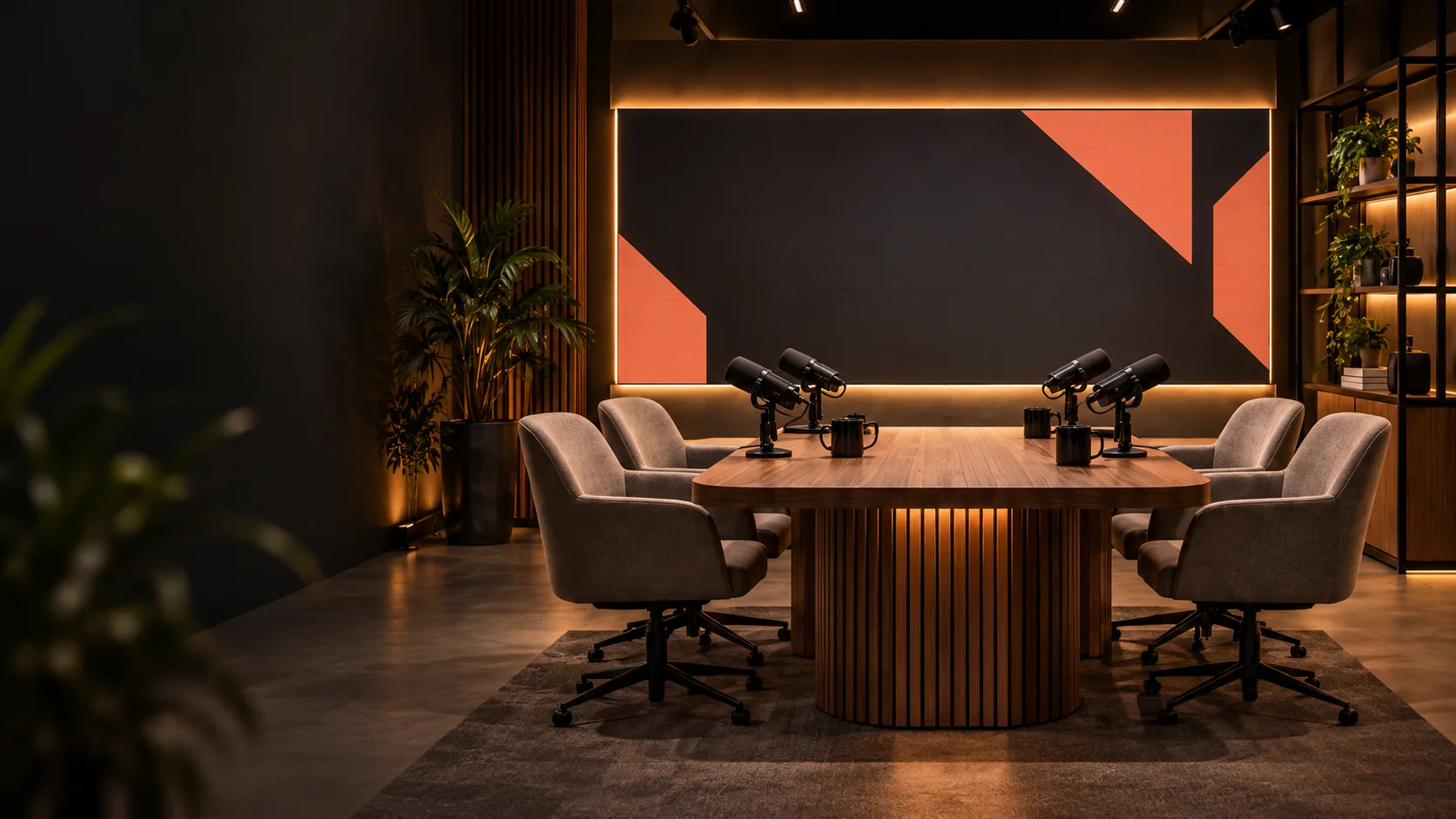 Visualização conceitual de mesa de podcast com microfones e painel de LED